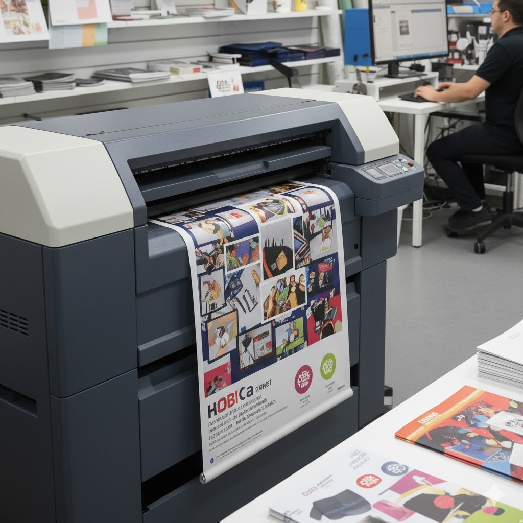 販促用の大型プリンターでカラフルなポスターを印刷する様子